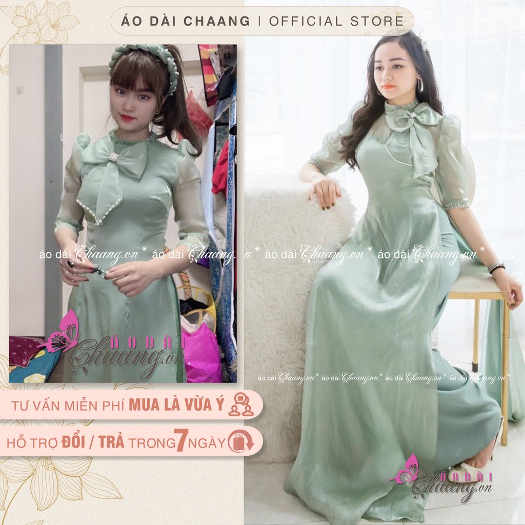 Áo Dài cách tân nữ 4 tà CHAANG May sẵn áo dài đẹp tay lỡ, vải tơ bóng mềm cổ xếp vai bồng