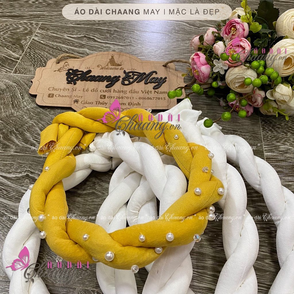 Mấn nhung đội đầu áo dài cách tân nữ truyền thống CHAANG may thiết kế chụp hình dự tiệc cưới lễ tết đẹp ADC924