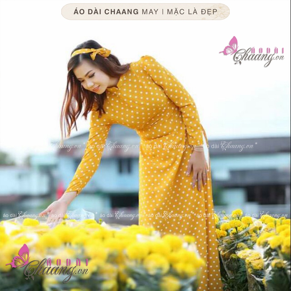 Áo Dài Truyền Thống Chấm Bi Vàng Vai Bồng May Sẵn Lụa Thái Cổ Vuông Đẹp ChaangBi08