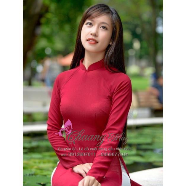 Áo Dài Truyền Thống Đỏ Đô May Sẵn Lụa Mỹ Cao Cấp Mặc Lễ Tết Đẹp