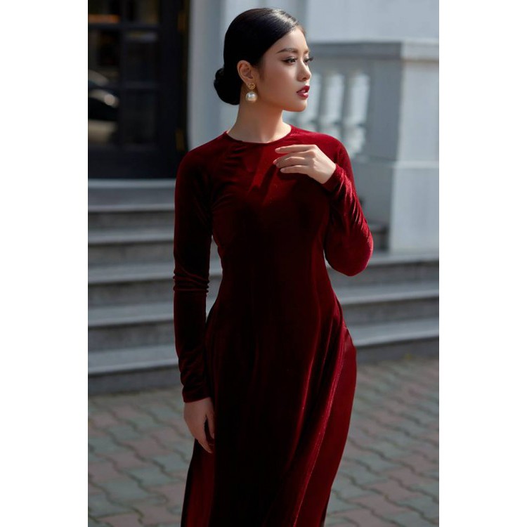 Áo Dài Nhung Đỏ Đô Đậm Truyền Thống May Sẵn Dự Tiệc Lễ Tết Đẹp Quý Phái