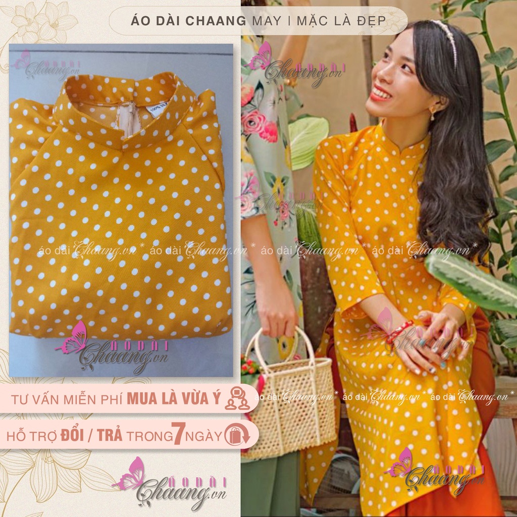 Áo dài vàng chấm bi - Áo dài may sẵn truyền thống cổ vuông tay lỡ Lụa đẹp