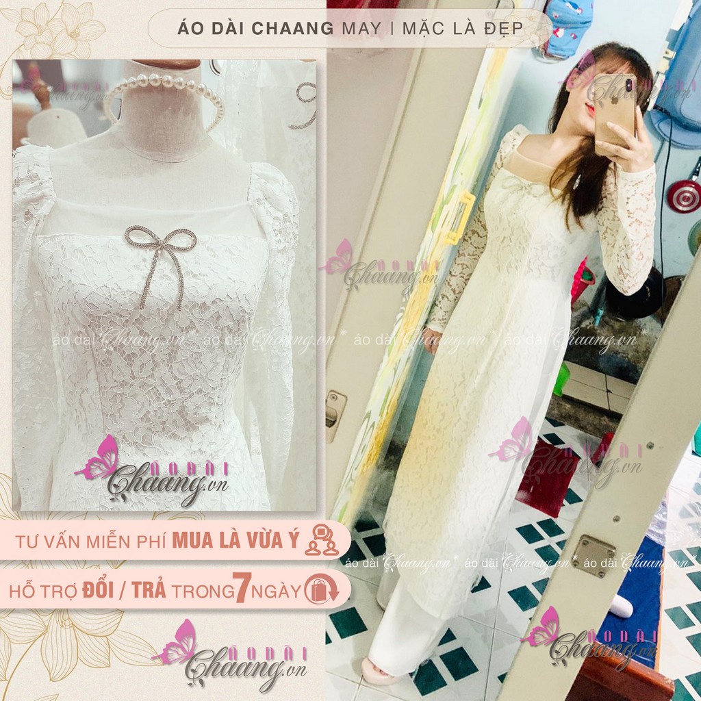 Áo Dài Đỏ Cách Tân Nữ Ren Phủ 4 Tao Cấp Cổ Voon Vuông Trễ Tay Vai Bồng Dài Dự Tiệc Lễ Tết Đẹp