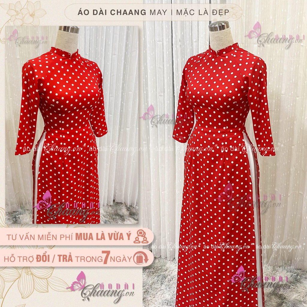 Áo Dài Đỏ Tươi Chấm Bi Trắng May Sẵn Áo Dài Truyền Thống Cổ Vuông Tay Lỡ Lụa Mặc Tết Đẹp