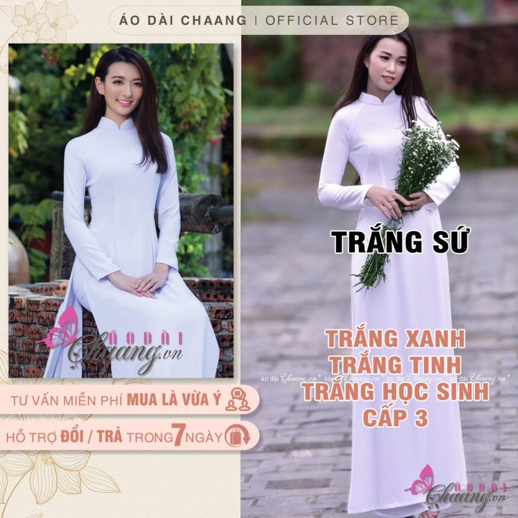 Áo dài trắng học sinh nữ cấp 3 đi học Chaang May sẵn vải lụa trắng sứ xanh thân 2 lớp dày dặn chụp kỷ yếu đẹp