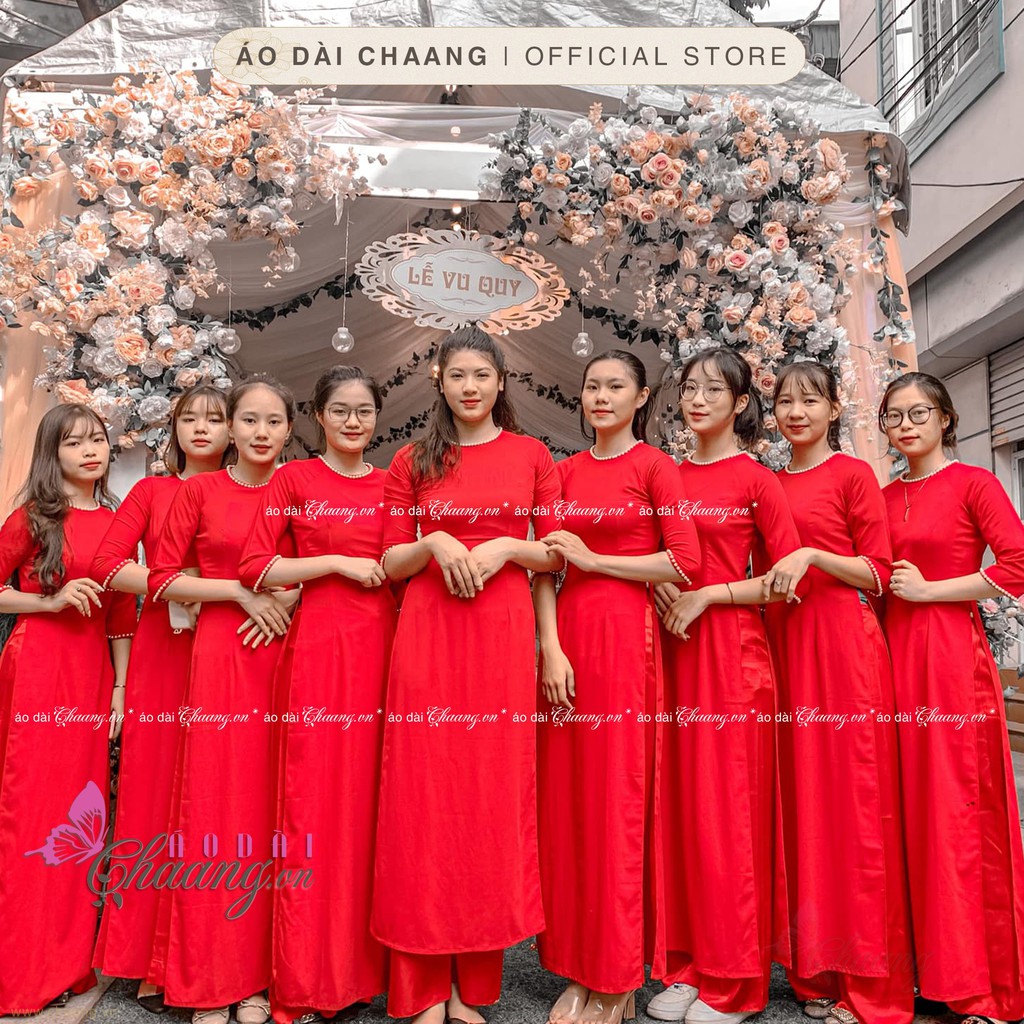 Áo dài đỏ cổ tròn CHAANG May sẵn kiểu tay lỡ viền đính đá ngọc, vải lụa đẹp