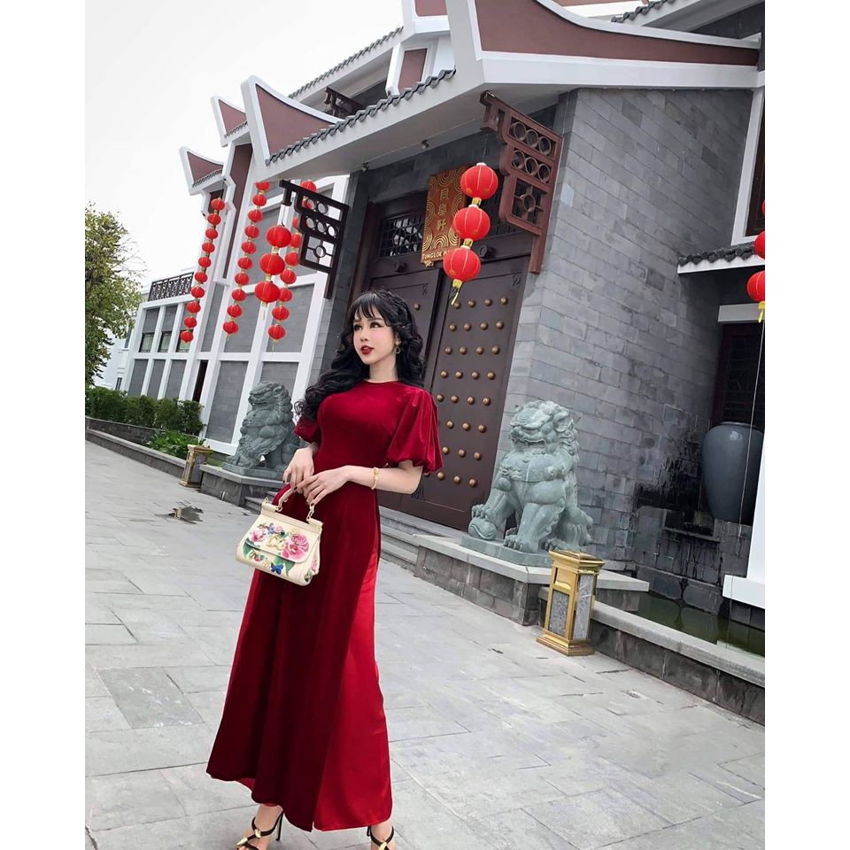 Áo Dài Nhung Cách Tân Nữ May Sẵn Tay Bèo Thun Bồng Sang Trọng Mặc Dự Tiệc Lễ Tết Đẹp
