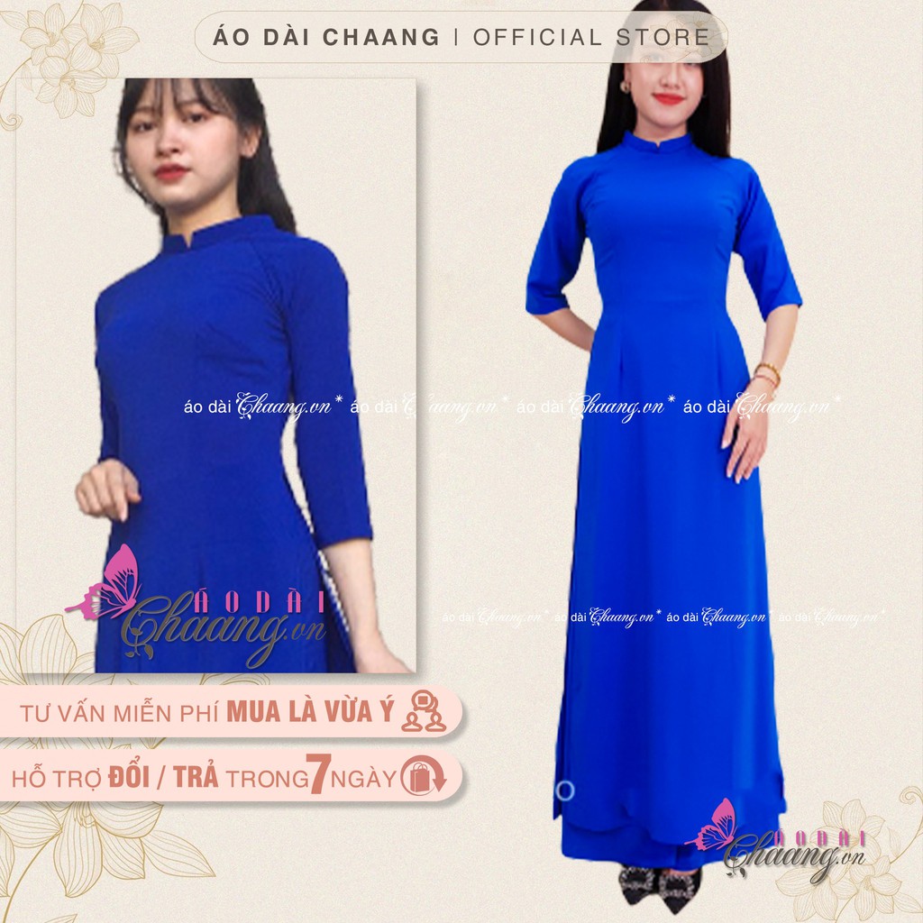 Áo dài xanh coban Chaang May sẵn áo cổ vuông tay lỡ, vải lụa xanh bích