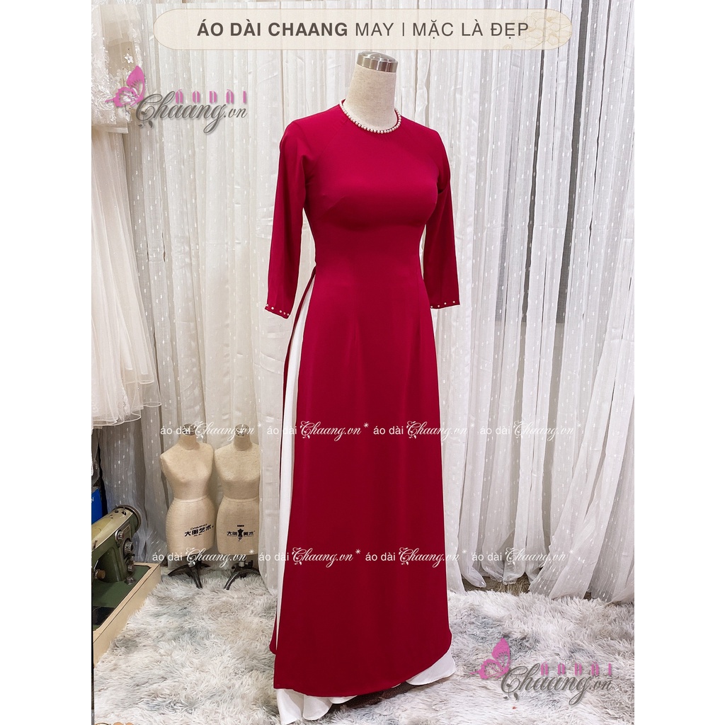 Áo dài đỏ đô cổ tròn CHAANG May sẵn kiểu tay lỡ đính đá ngọc, vải lụa co giãn
