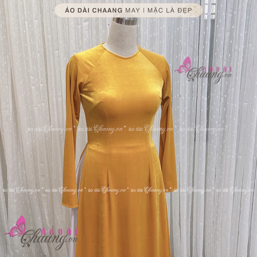 Áo Dài Nhung Vàng Mơ Mù Tạc May Sẵn Cổ Tròn Truyền Thống Vải Đẹp Co Giãn 4 Chiều