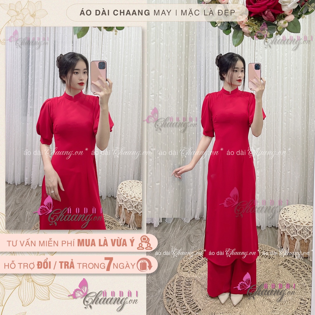Áo Dài Tết Cách Tân Nữ Thiết Kế Tay Bồng Măng Séc Chaang May sẵn vải Lụa Đỏ dự tiệc cưới lễ tết đẹp