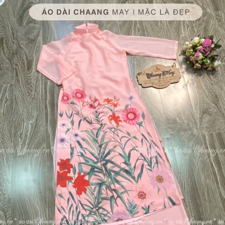 Áo Dài Cách Tân Nữ Dáng Xuông 4 Tà Chân Hoa Cổ Vuông Lụa Da Tơ Óng CHAANG021