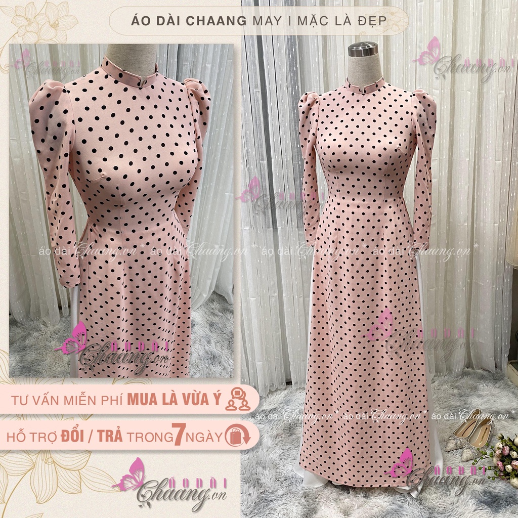 Áo Dài Hồng Chấm Bi Đen Vai Bồng May Sẵn Cổ Vuông Tay Bồng Mặc Lễ Tết Đẹp CBi131
