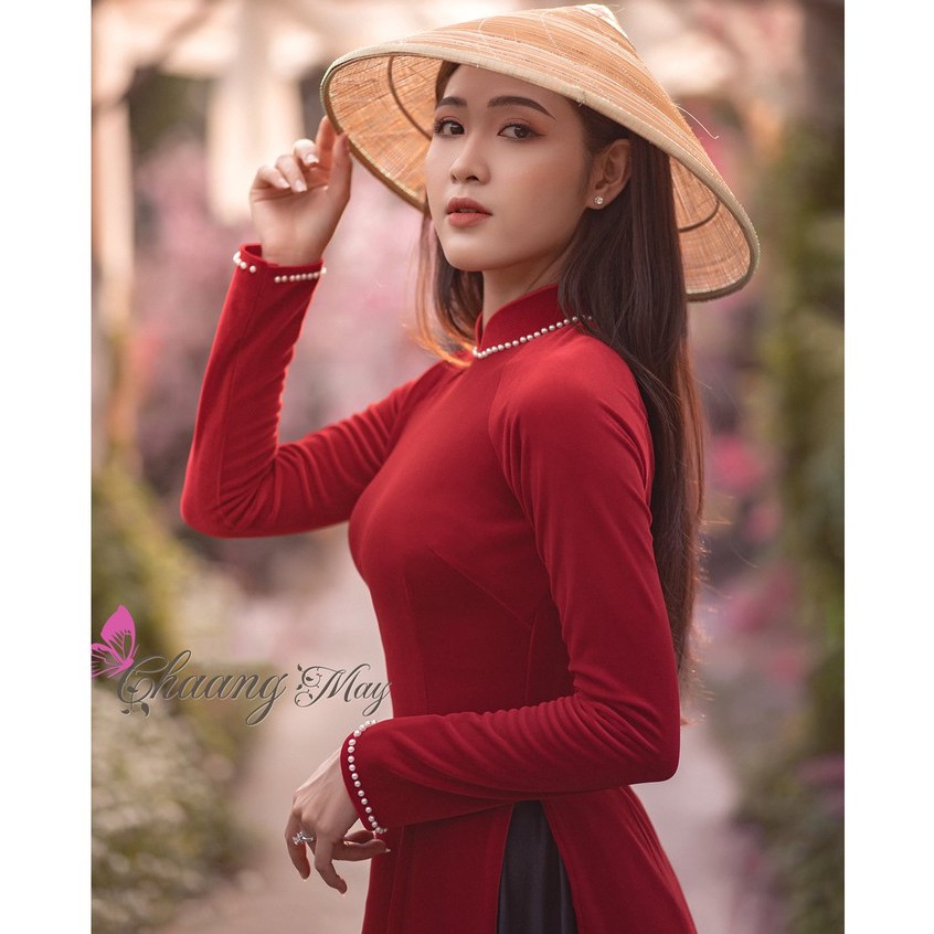 Áo dài nhung đính đá ngọc CHAANG May sẵn Áo dài truyền thống sang trọng, vải co giãn đẹp