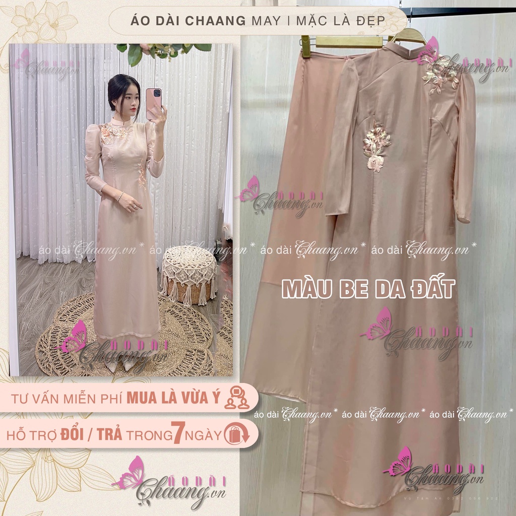 Áo Dài Cách Tân Nữ Thiết Kế Tay Bồng Lụa Tơ Hồng Da Nude Be 4 Tà Ren Hoa Cao Cấp Dự Tiệc Lễ Tết Đẹp