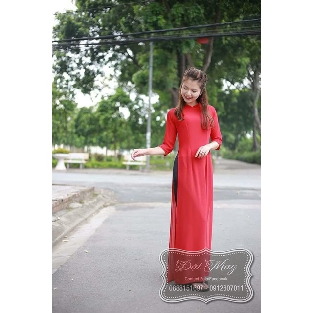 Áo dài đỏ tươi Chaang may sẵn Áo dài truyền thống may sẵn cổ vuông tay lỡ lụa mỹ cao cấp