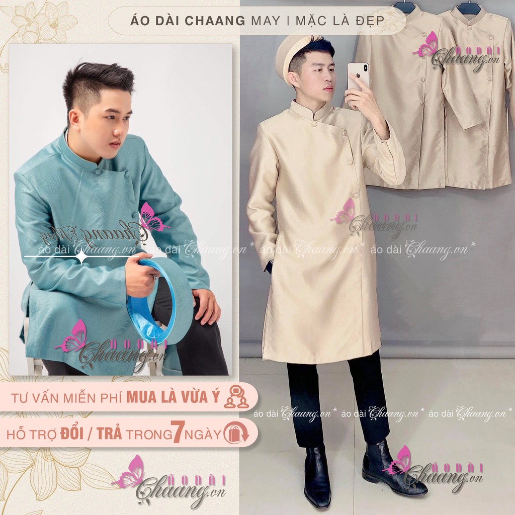 Áo dài nam cách tân Chaang May sẵn vải gấm da be nâu dày dặn lên form Vestton dự tiệc biểu diễn lễ tết đẹp ADC133