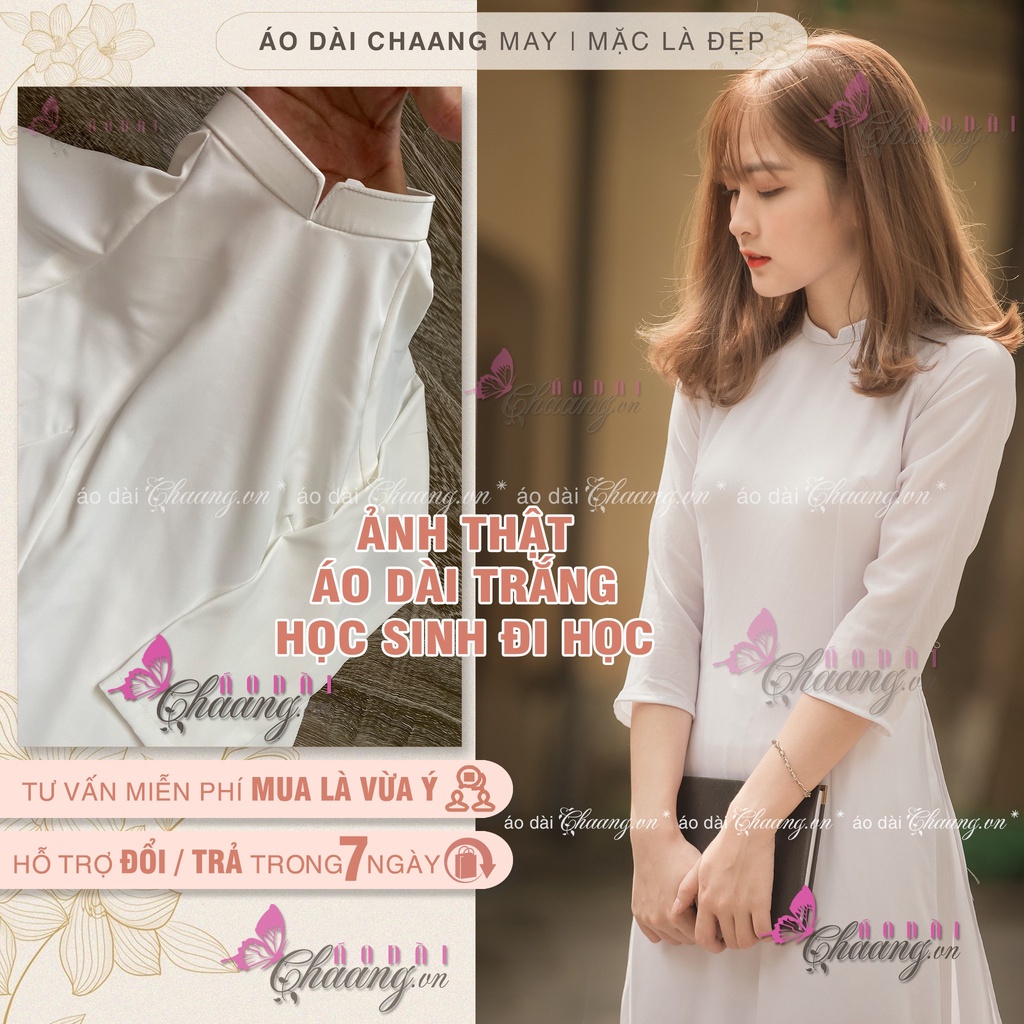 Áo dài học sinh đi học may sẵn màu trắng truyền thống lụa Mỹ đẹp cổ vuông 2cm tay lỡ chụp kỷ yếu