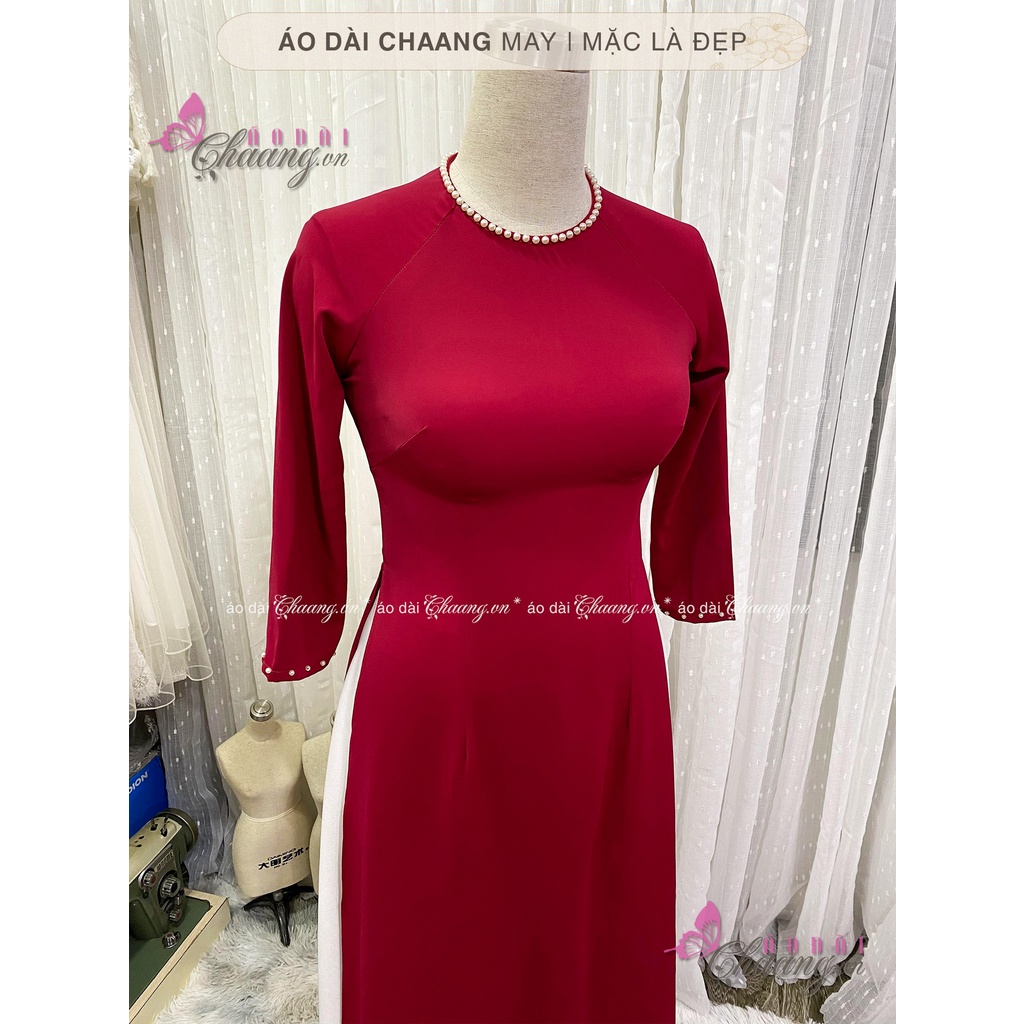 Áo dài đỏ đô cổ tròn CHAANG May sẵn kiểu tay lỡ đính đá ngọc, vải lụa co giãn