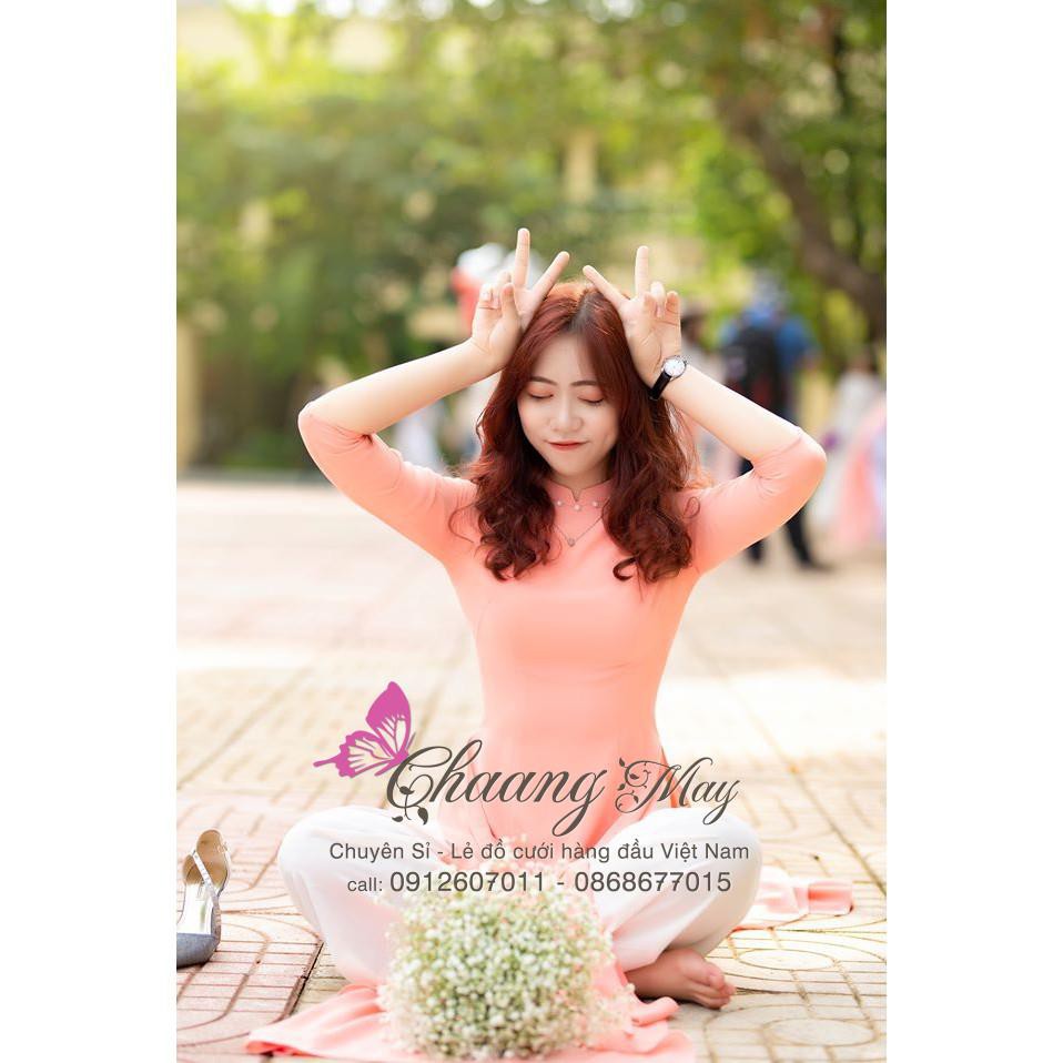 Áo dài truyền thống 4 tà màu cam Chaang May sẵn lụa tằm cao cấp cổ vuông chụp hình lễ tết đẹp