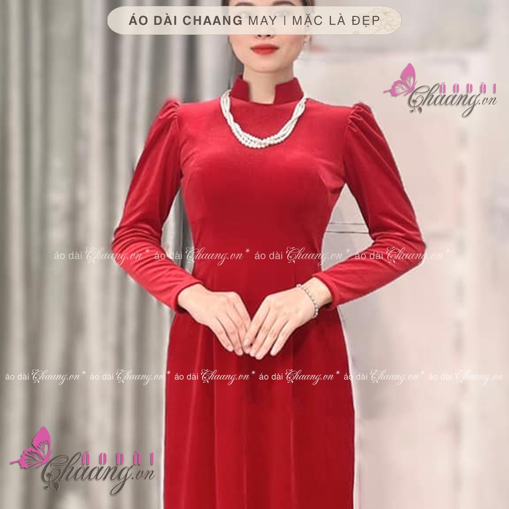 Áo dài nhung đỏ đô CHAANG May sẵn áo dài cổ vuông hở tay phồng đẹp, vải truyền thống cao cấp