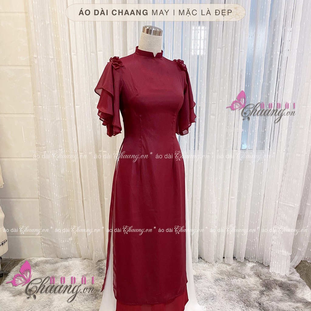 Áo Dài Cách Tân Nữ 4 Tà Lệch Lụa Tơ Đỏ Đô Cao Cấp Cổ Vuông Tay Bèo Cánh Tiên Dự Tiệc Lễ Tết Đẹp