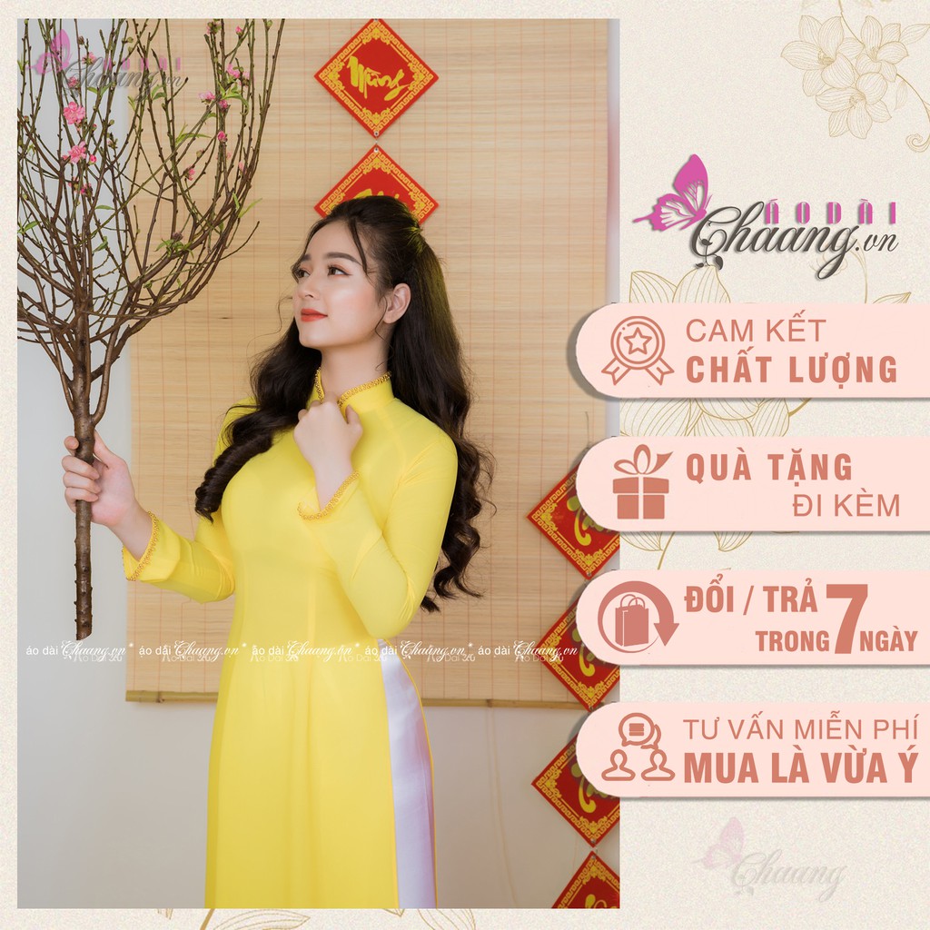 Áo dài vàng đính đá pha lê Chaang may sẵn vải áo dài truyền thống dự tiệc lễ tết đẹp