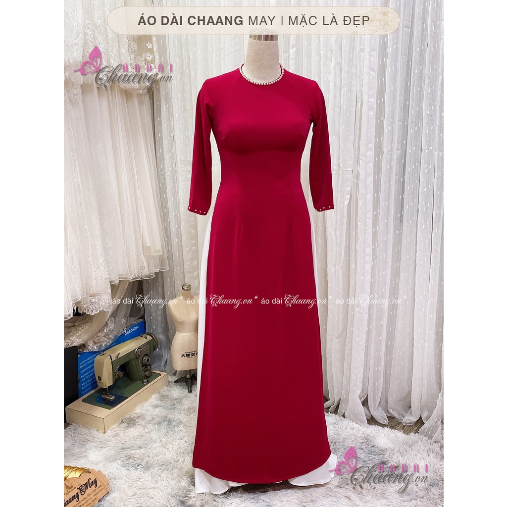 Áo dài đỏ đô cổ tròn CHAANG May sẵn kiểu tay lỡ đính đá ngọc, vải lụa co giãn