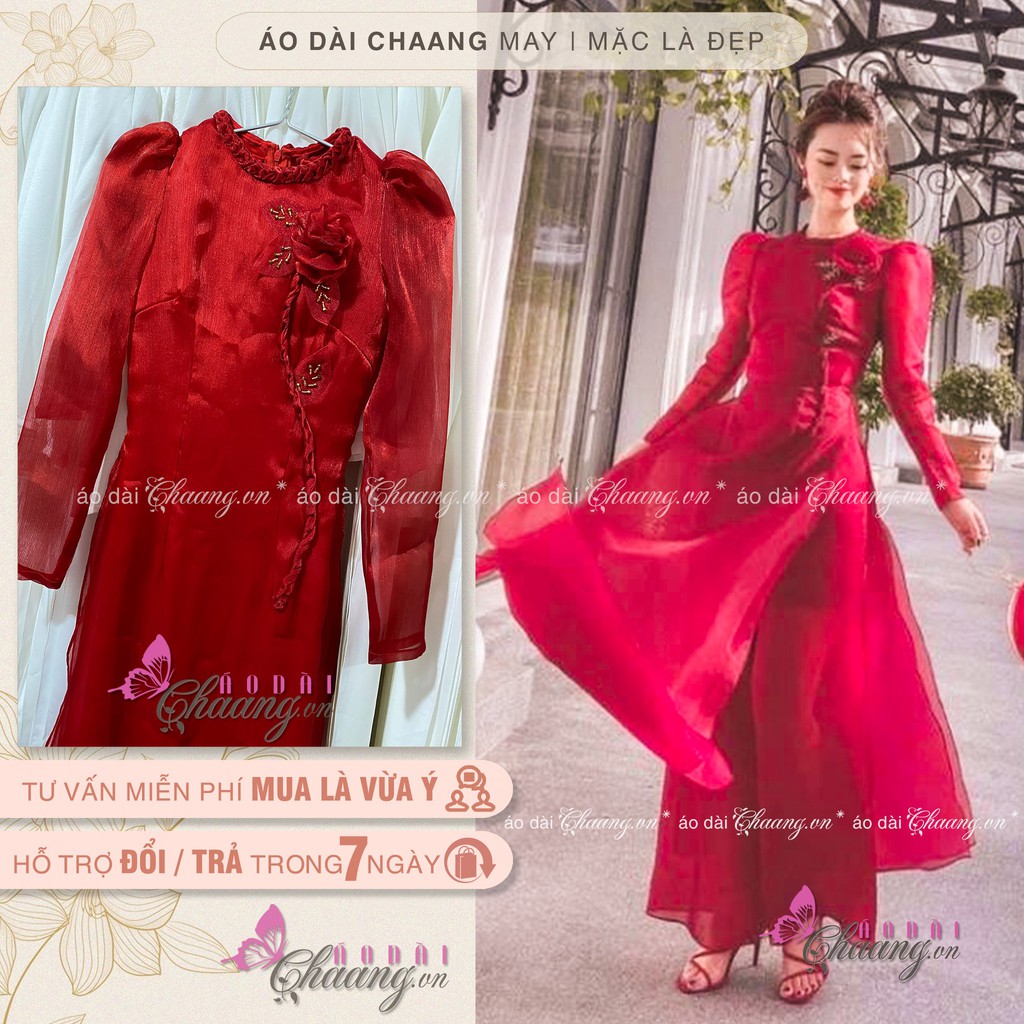 Áo Dài Cách Tân Nữ Cao Cấp May Sẵn Tay Bồng Lụa Tơ 4 Tà Cổ Tròn Kết Hoa Thủ Công Phù Hợp Dự Tiệc Lễ Tết Đẹp