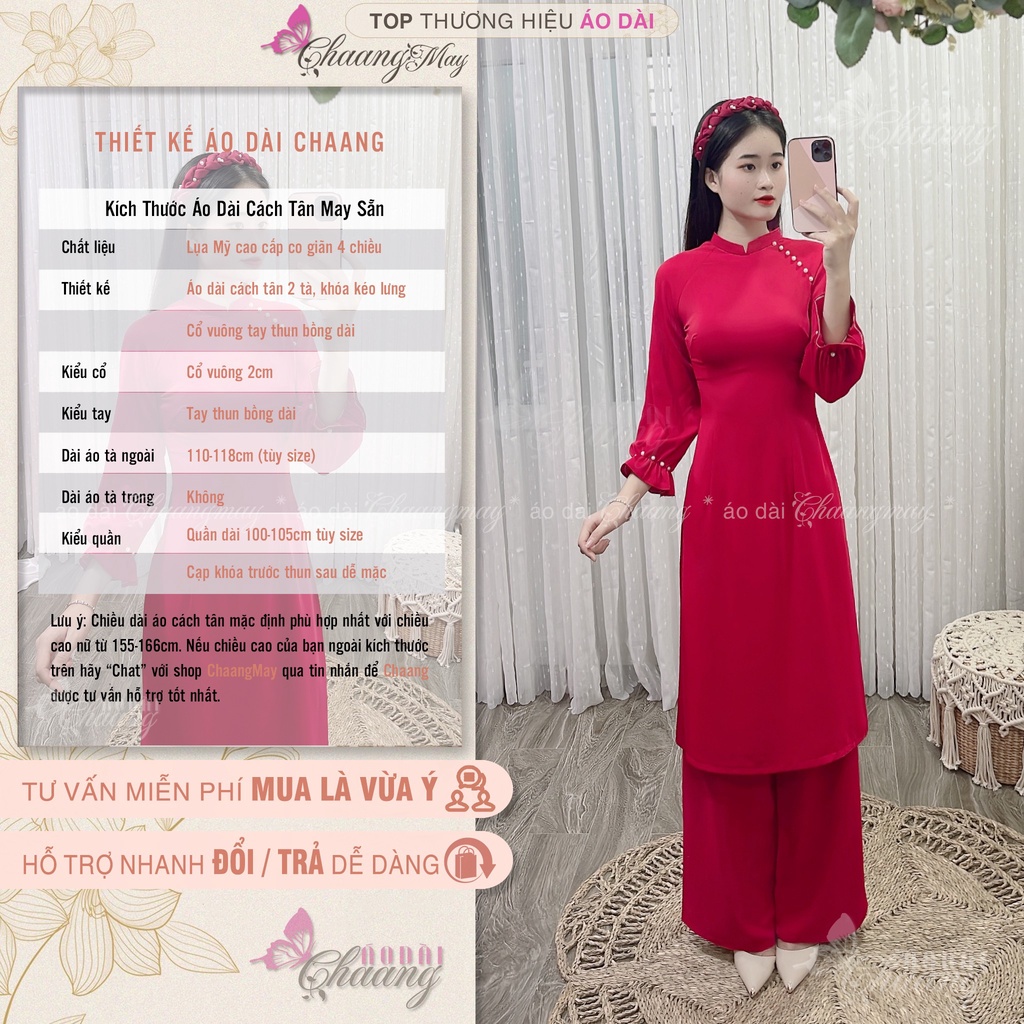 Áo Dài Cách Tân Nữ Tay Thun Bồng CHAANG May Sẵn 2 Tà Ngắn Đính Hạt Chuẩn Form Đẹp Đơn Giản CCT1422