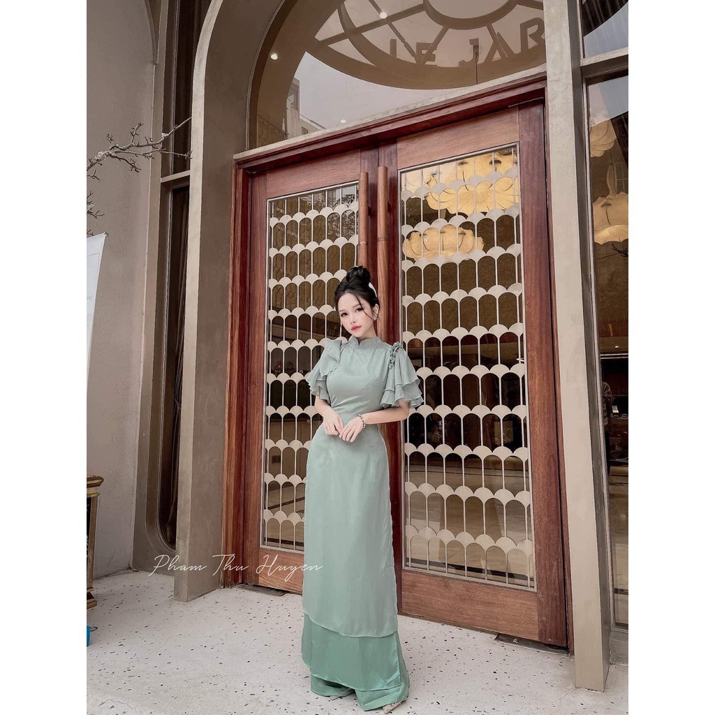 Áo dài cách tân nữ công sở Áo dài 4 tà tay loe cánh tiên lụa tơ óng xanh Mint đẹp