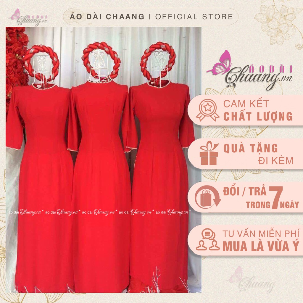 Áo dài đỏ cổ tròn CHAANG May sẵn kiểu tay lỡ viền đính đá ngọc, vải lụa đẹp