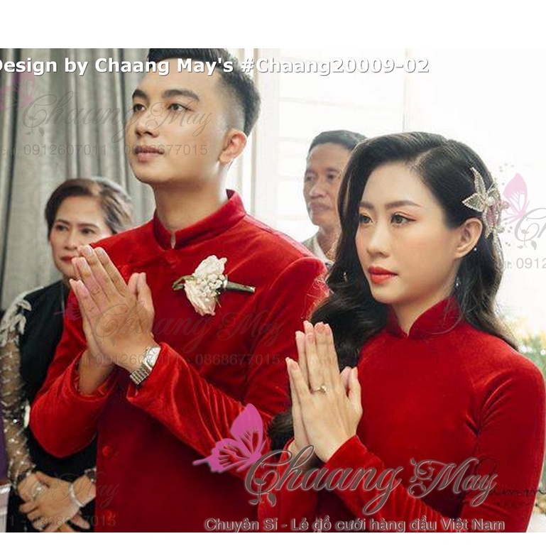 Áo dài cưới cặp đôi cô dâu chú rể Chaang may sẵn áo dài nhung đỏ ăn hỏi sang trọng dự tiệc lễ tết đẹp ADC120