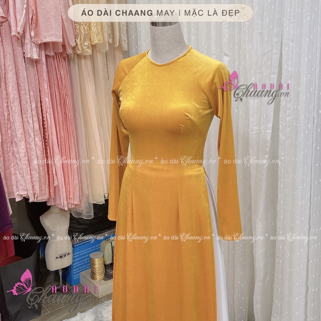 Áo Dài Nhung Vàng Mơ Mù Tạc May Sẵn Cổ Tròn Truyền Thống Vải Đẹp Co Giãn 4 Chiều