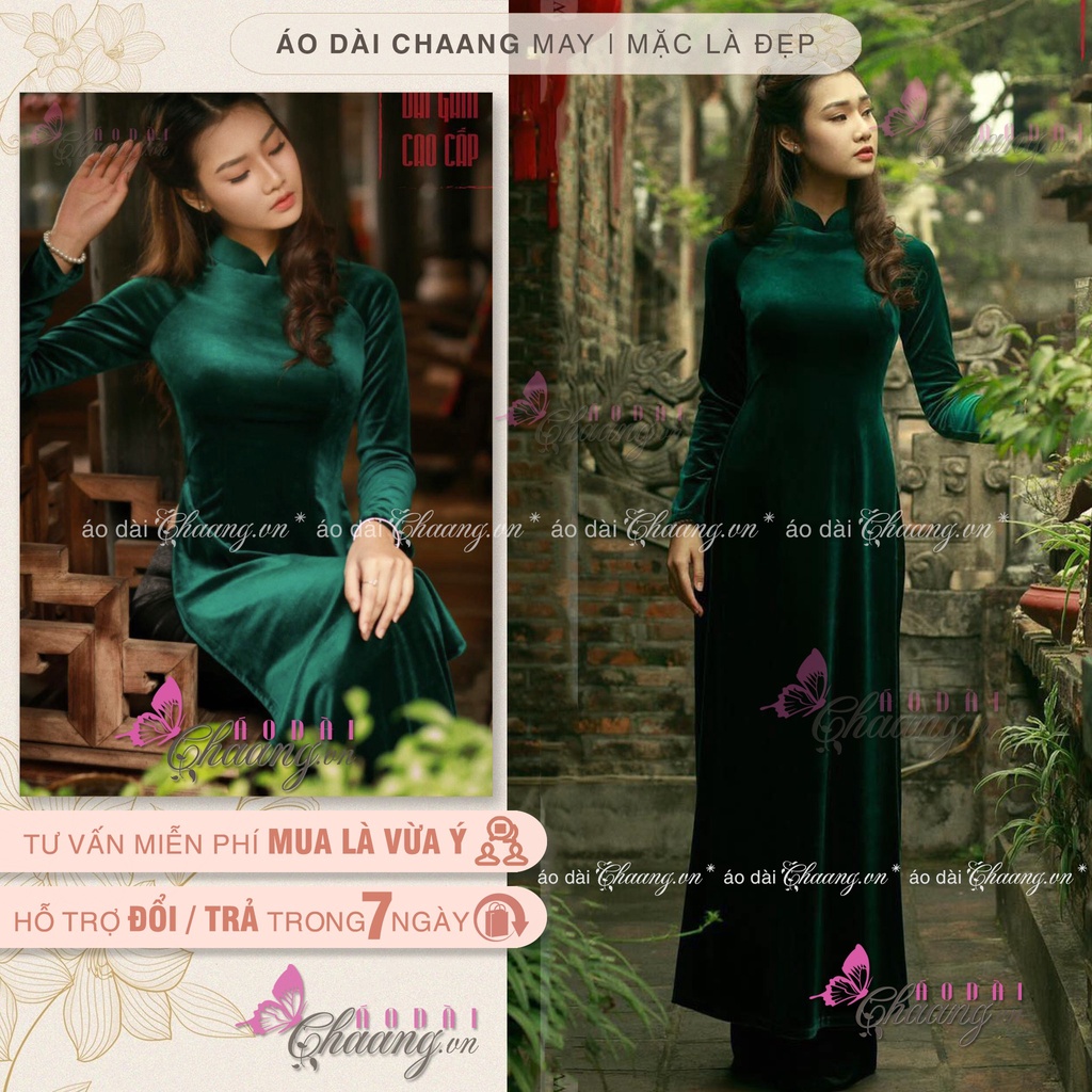Áo dài xanh vải nhung Chaang May sẵn vải áo dài tay co giãn truyền thống mặc dự tiệc lễ tết đẹp