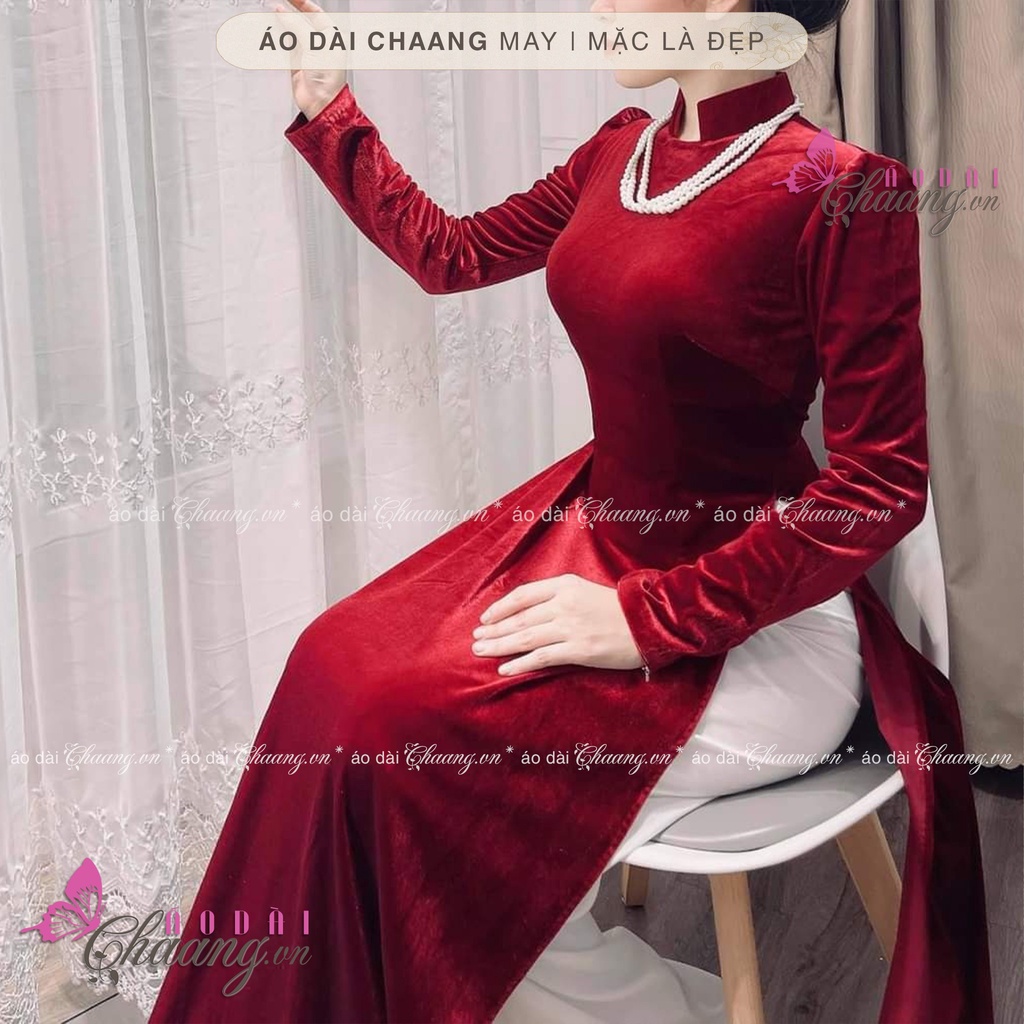 Áo dài nhung đỏ đô CHAANG May sẵn áo dài cổ vuông hở tay phồng đẹp, vải truyền thống cao cấp