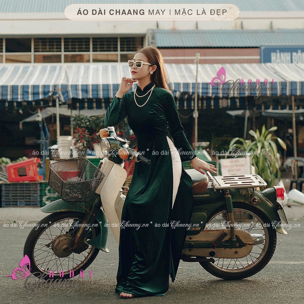 Áo dài xanh vải nhung Chaang May sẵn vải áo dài tay co giãn truyền thống mặc dự tiệc lễ tết đẹp