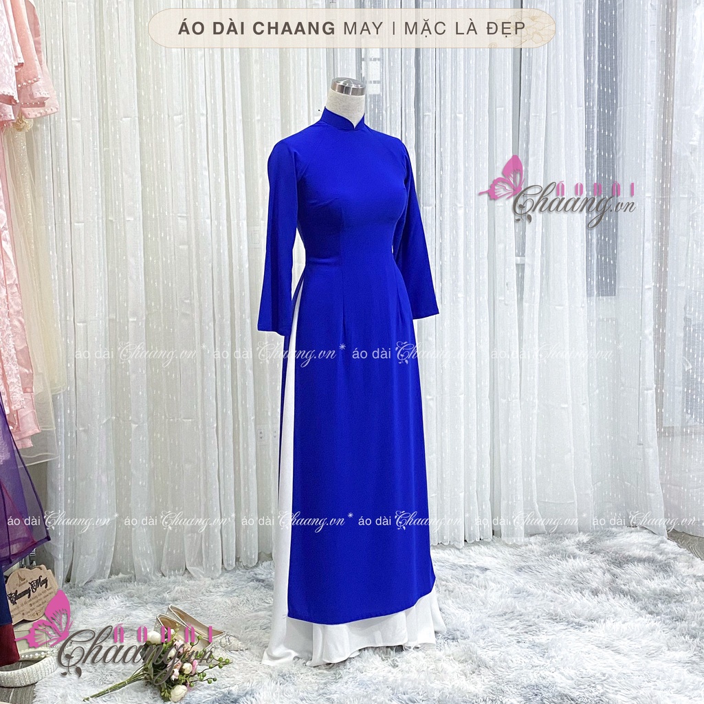 Áo dài xanh coban Chaang May sẵn áo dài truyền thống vải lụa đẹp