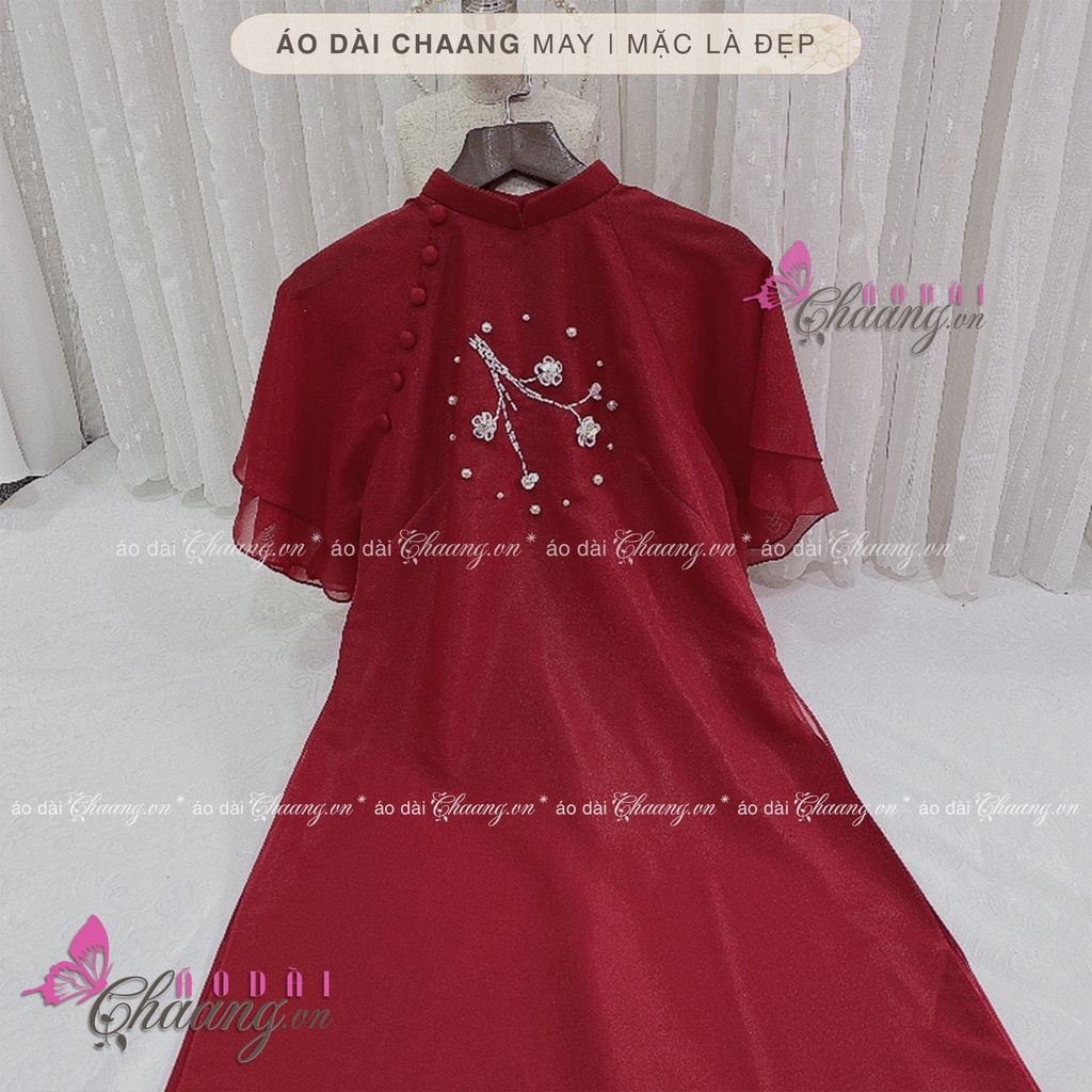 Áo Dài Tết Cách Tân Nữ Mộc Miên Thêu Cành Hoa Mai Đào Khoe Sắc Đẹp Trên Nền Lụa Tơ 4 Tà Cao Cấp
