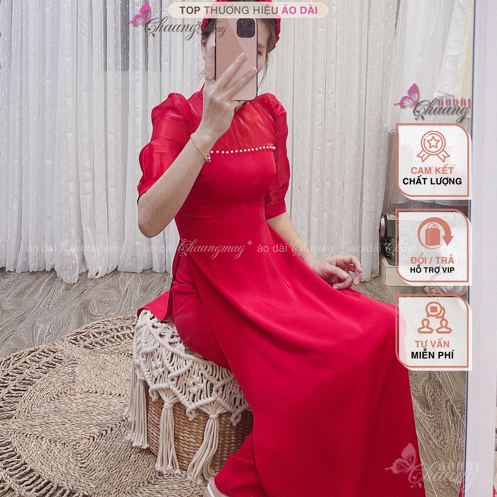 Áo Dài Cách Tân Nữ Nude Sang Trọng Tay Tơ Bồng Có Cổ Tròn Liền Cách Điệu Đẹp C-AD422