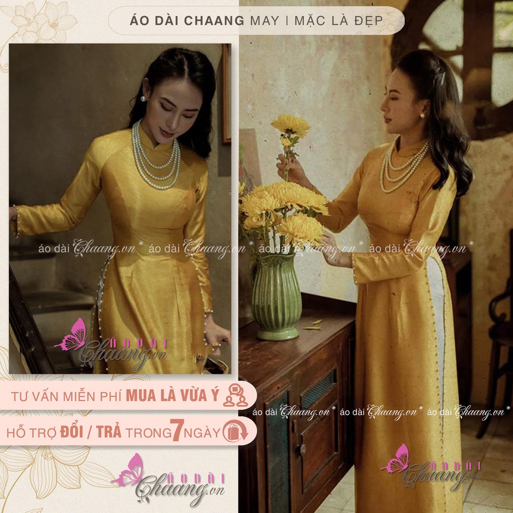 Áo Dài Truyền Thống May Sẵn Lụa Vân Gỗ Vàng Xanh Đỏ Đính Đá Ngọc Cao Cấp Dự Tiệc Lễ Tết Đẹp