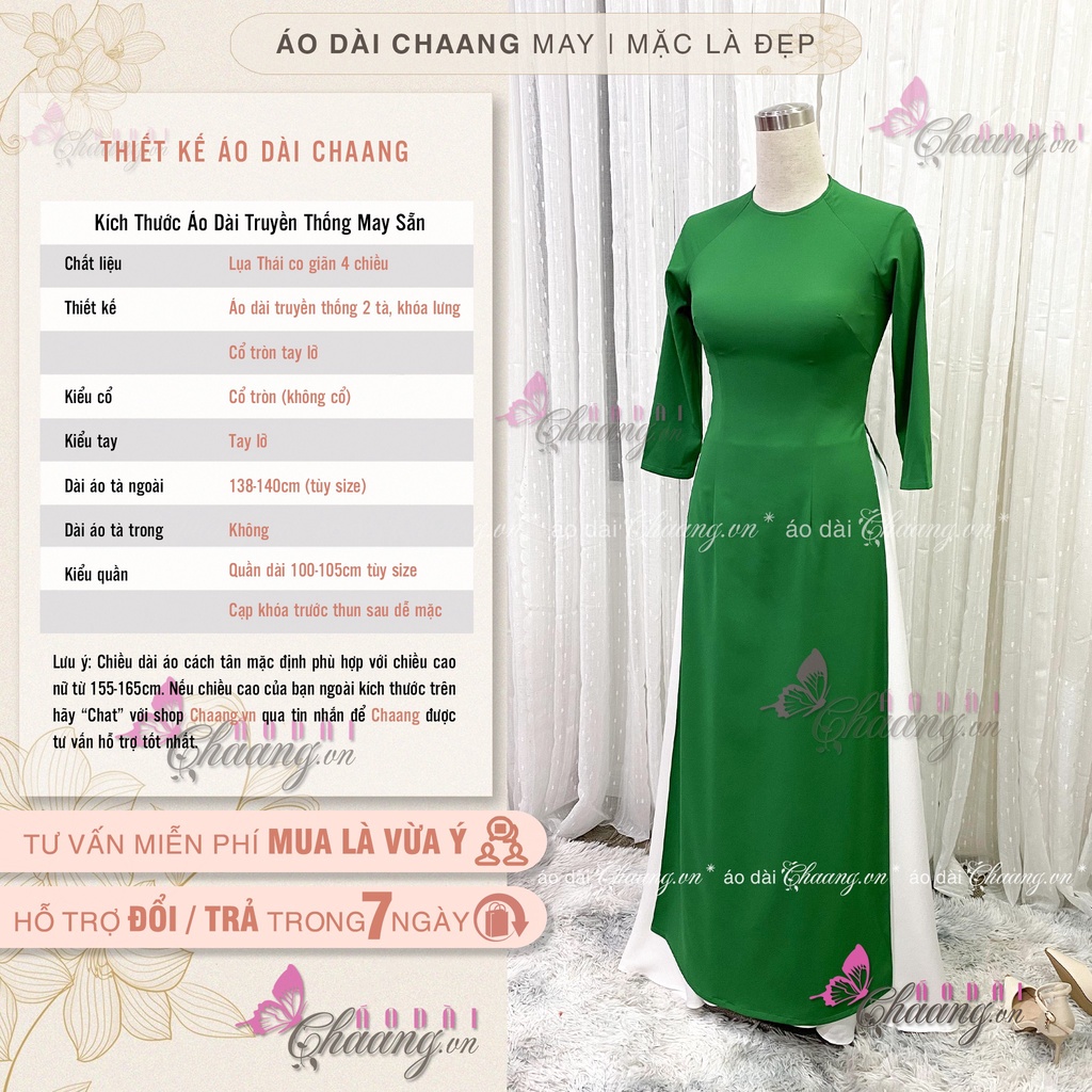 Áo dài xanh lá cổ tròn CHAANG May sẵn dáng truyền thống, vải lụa tay lỡ