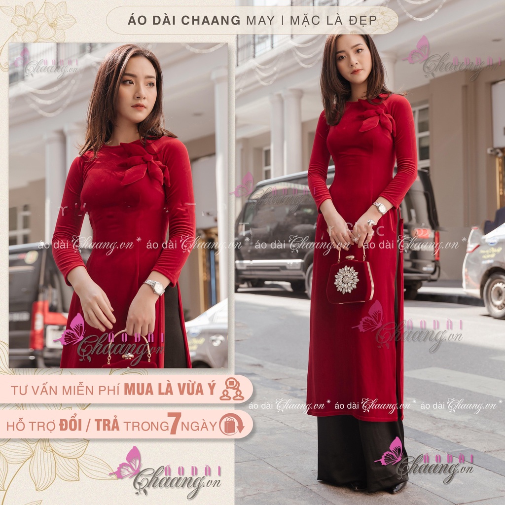 Áo dài nhung cổ tròn CHAANG May sẵn Áo dài nhung sang trọng, vải áo dài nhung đỏ sang trọng