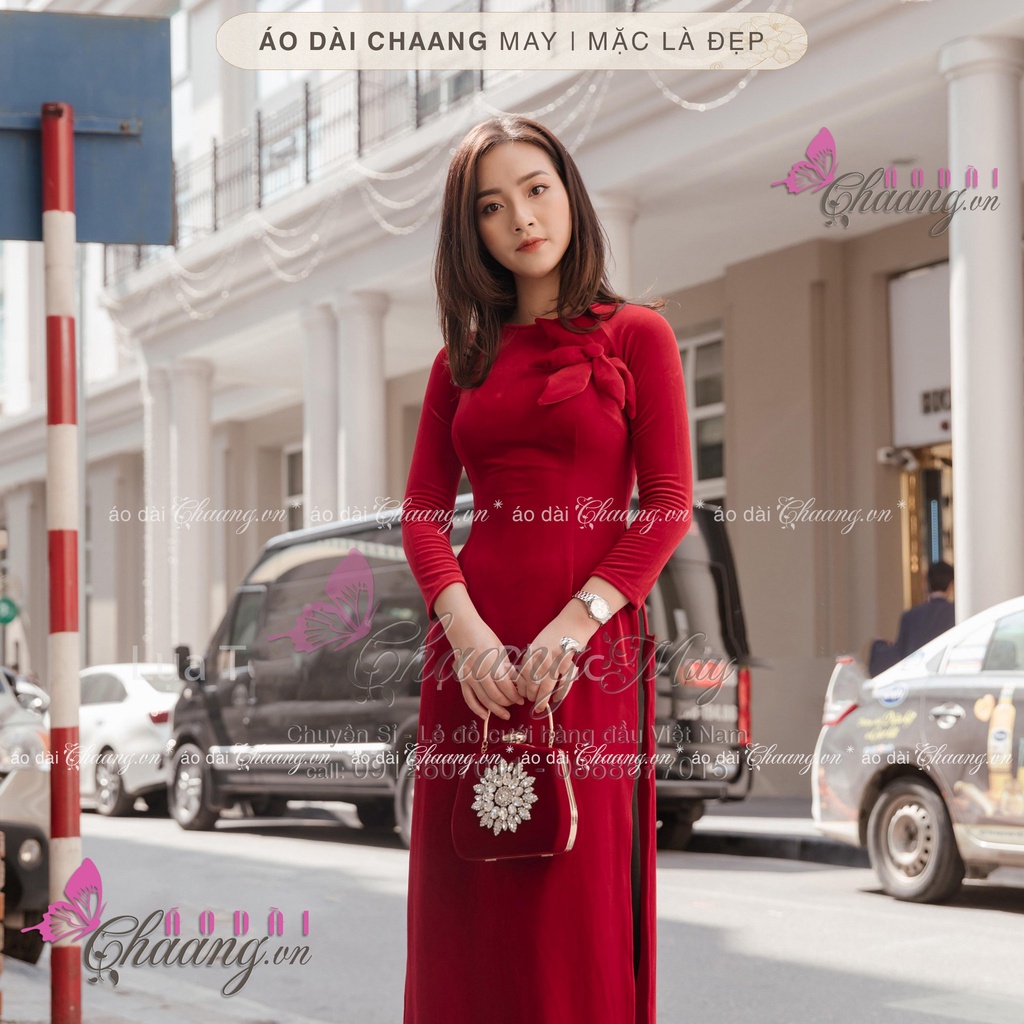 Áo dài nhung cổ tròn CHAANG May sẵn Áo dài nhung sang trọng, vải áo dài nhung đỏ sang trọng