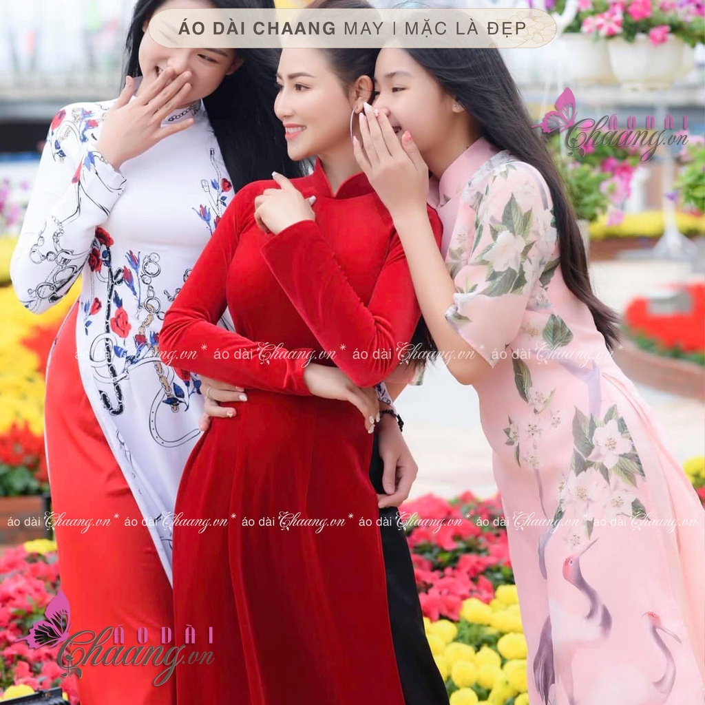 Áo dài nhung đỏ Chaang may sẵn vải áo dài truyền thống co giãn dễ mặc dự tiệc lễ tết đẹp