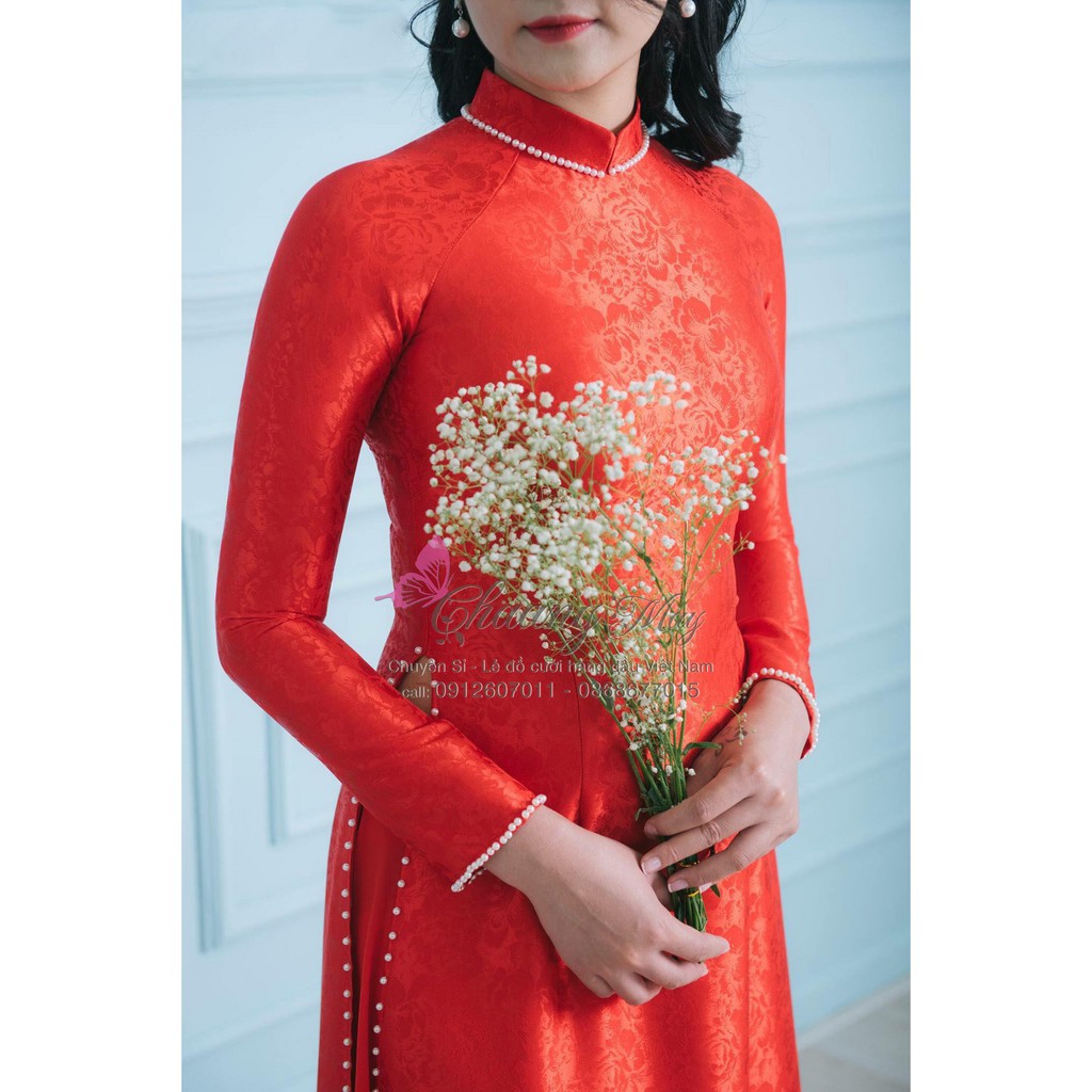 Áo dài cưới cô dâu thiết kế cao cấp vải gấm tơ 4 tà hoa hồng đính đá ngọc đẹp