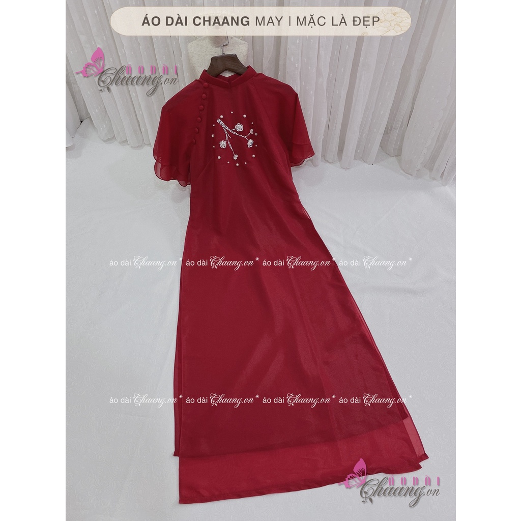 Áo Dài Tết Cách Tân Nữ Mộc Miên Thêu Cành Hoa Mai Đào Khoe Sắc Đẹp Trên Nền Lụa Tơ 4 Tà Cao Cấp