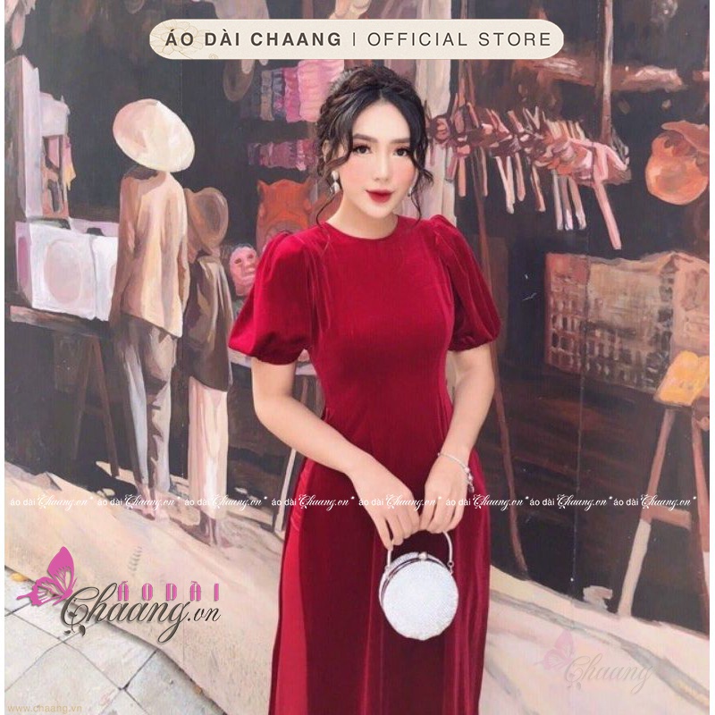 Áo Dài Nhung Cách Tân Nữ May Sẵn Tay Bèo Thun Bồng Sang Trọng Mặc Dự Tiệc Lễ Tết Đẹp