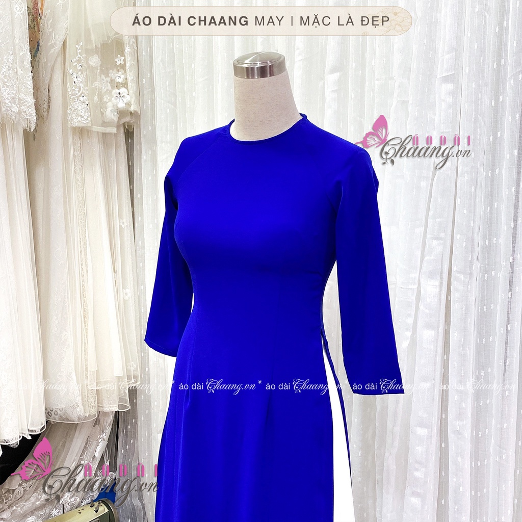 Áo dài xanh cổ tròn CHAANG May sẵn áo dài truyền thống, vải lụa xanh coban tay lỡ