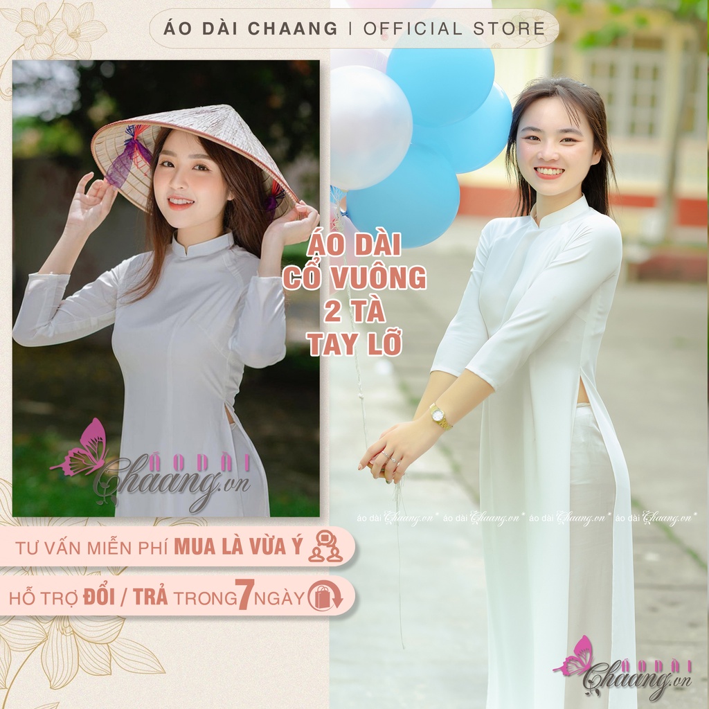 Áo dài học sinh đi học may sẵn màu trắng truyền thống lụa Mỹ đẹp cổ vuông 2cm tay lỡ chụp kỷ yếu